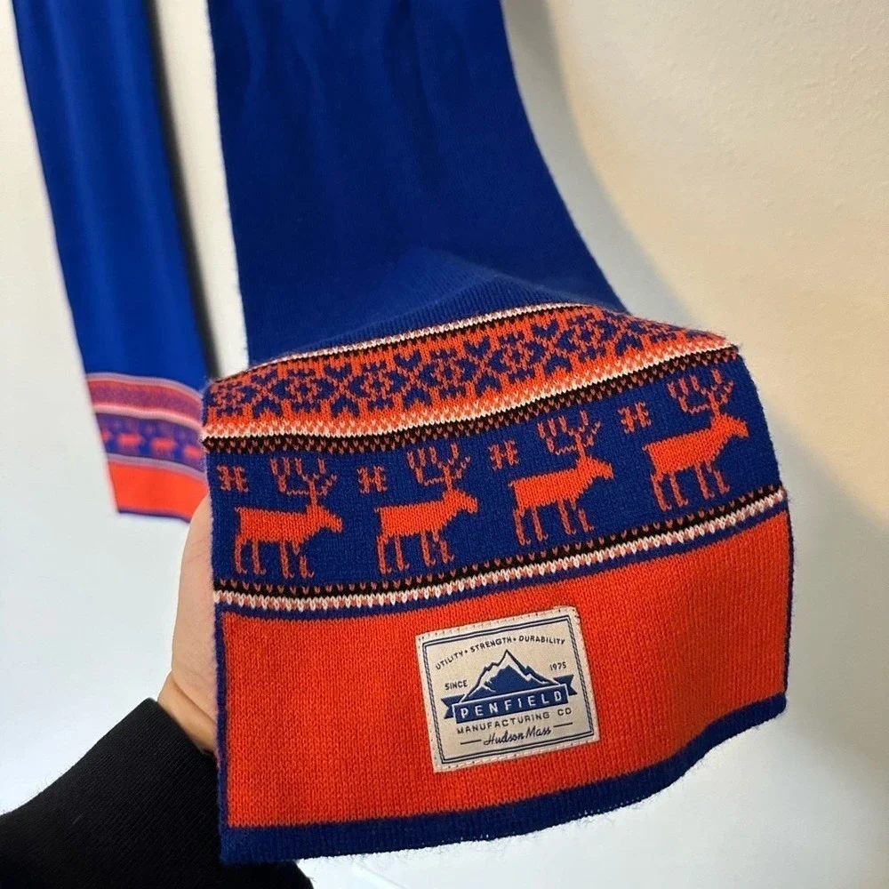 PENFIELD Nordic Deer Design Knit Winter Scarf Logo Cobalt Blue Orange‎